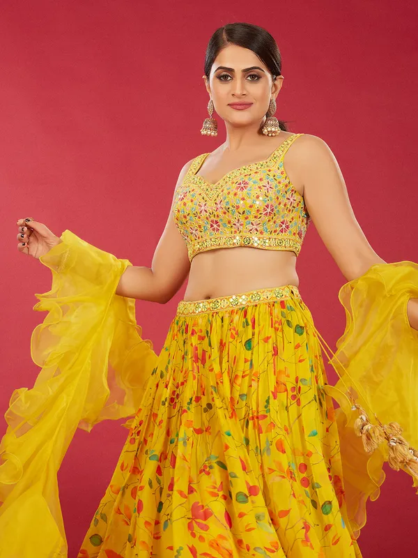 Newest yellow floral printed lehenga choli