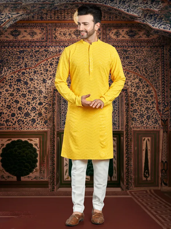 Newest yellow georgette  Men Kurta pajama