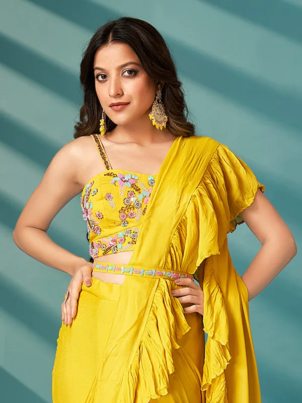 Newest yellow georgette pre-stitched saree