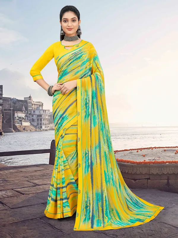 Newest yellow printed saree