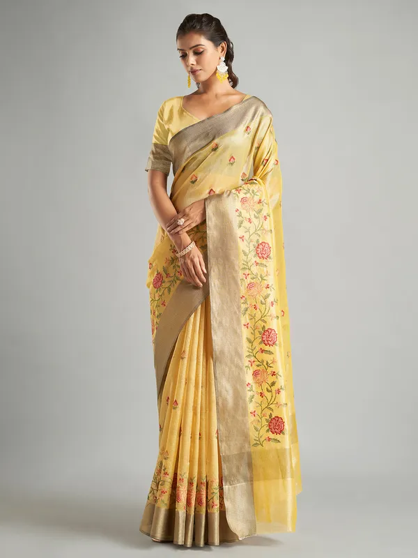 Newest yellow saree in tissue silk