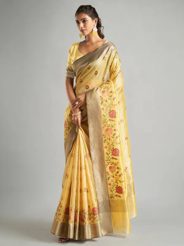 Newest yellow saree in tissue silk