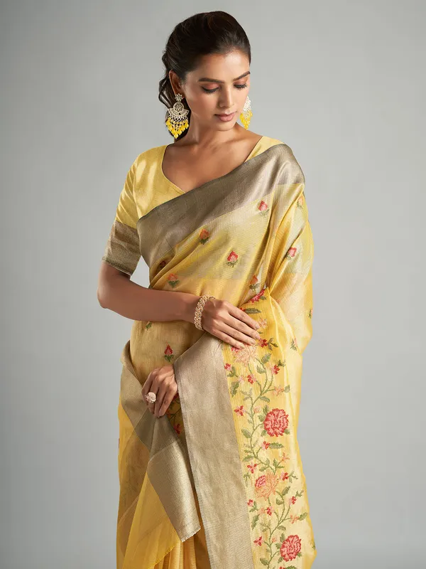 Newest yellow saree in tissue silk