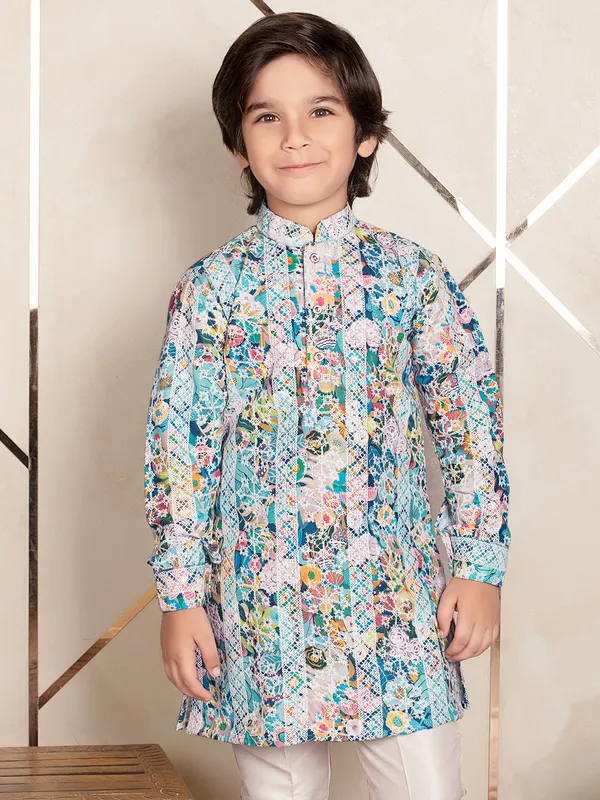 Newst blue printed kurta suit in cotton for boy