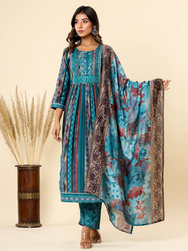 Nyra cut blue cotton printed kurti set