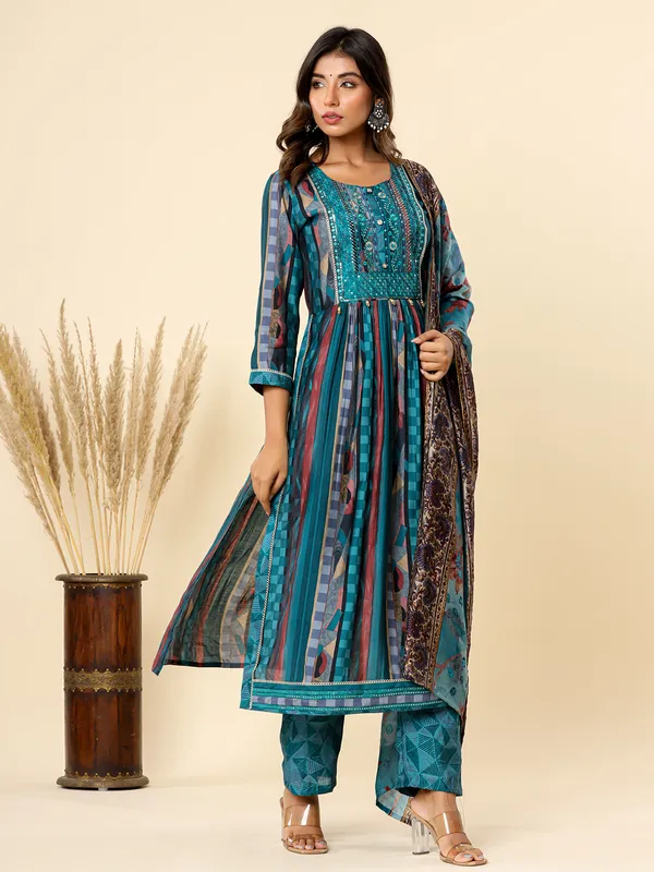 Nyra cut blue cotton printed kurti set
