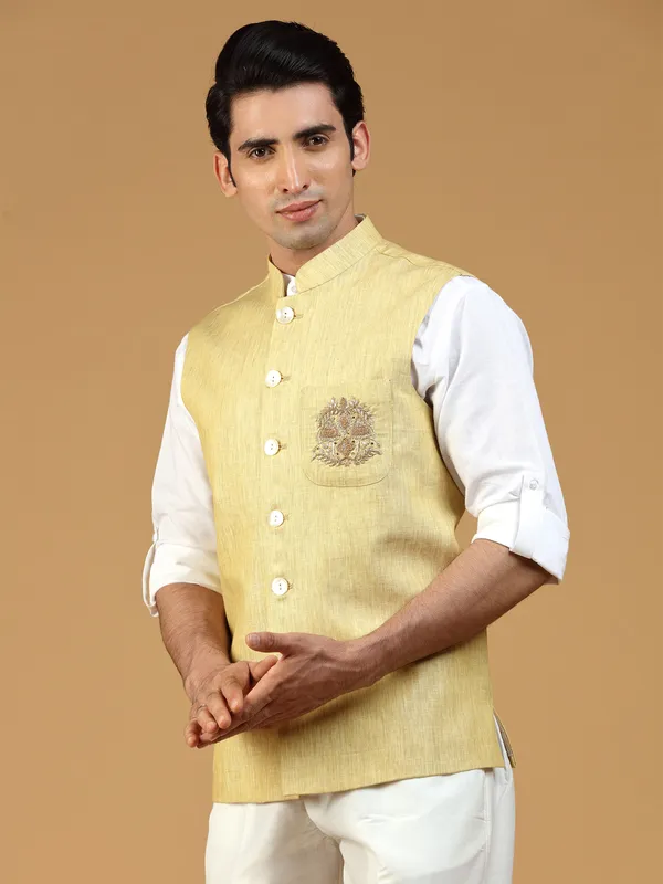 Ochre yellow linen festive wear waistcoat