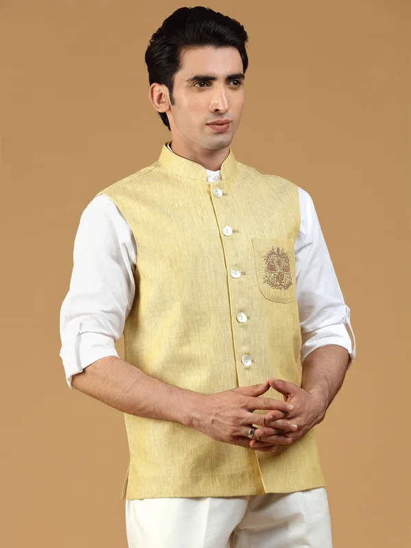 Ochre yellow linen festive wear waistcoat