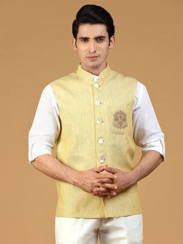 Ochre yellow linen festive wear waistcoat