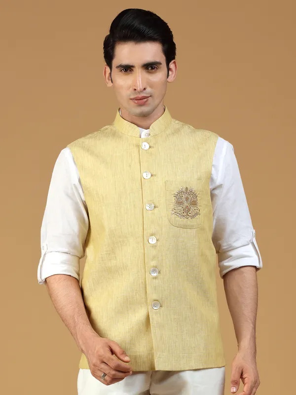 Ochre yellow linen festive wear waistcoat