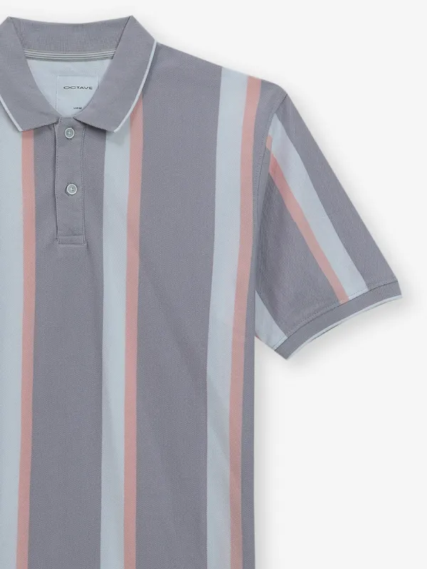 OCTAVE grey stripe cotton polo t-shirt