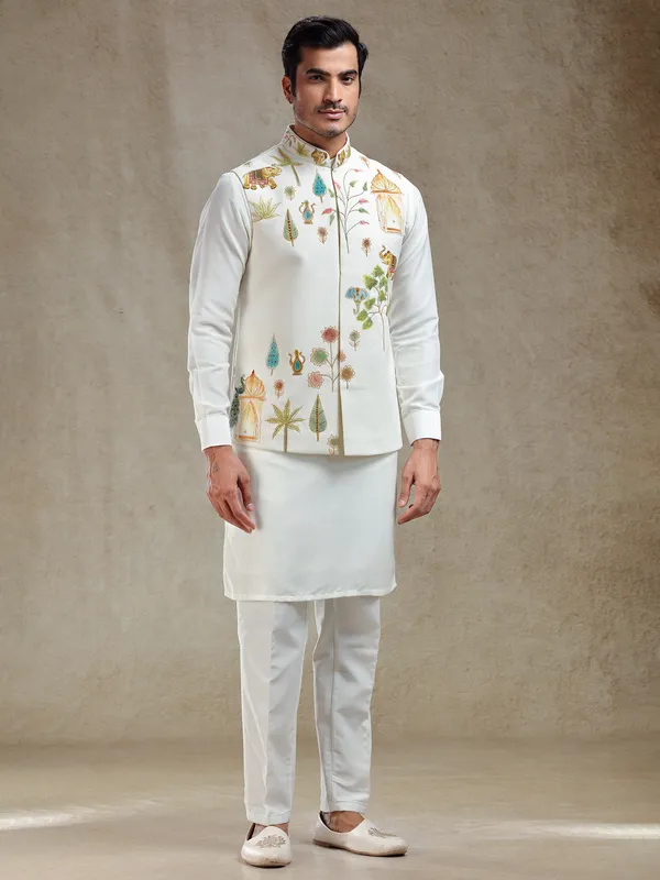 Off white ajrakh hand printed waistcoat set