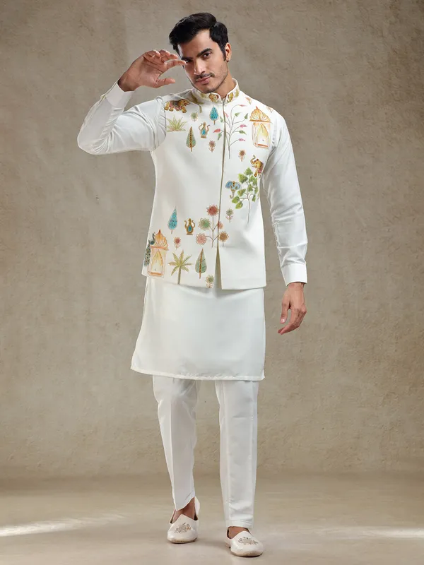 Off white ajrakh hand printed waistcoat set