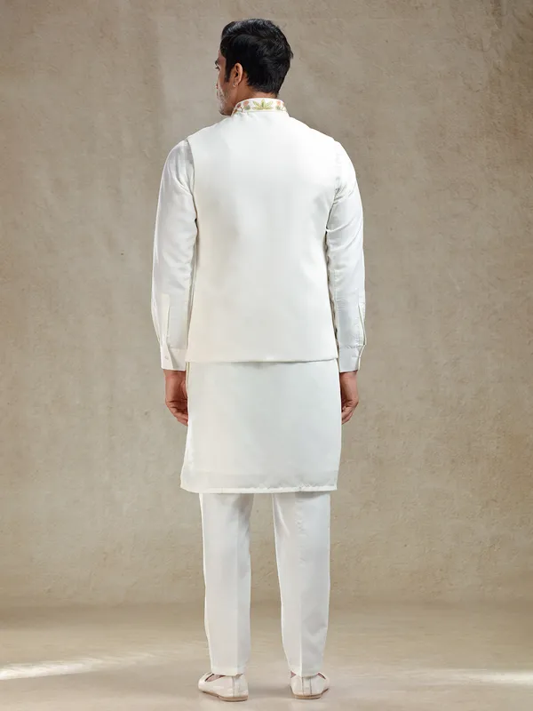 Off white ajrakh hand printed waistcoat set