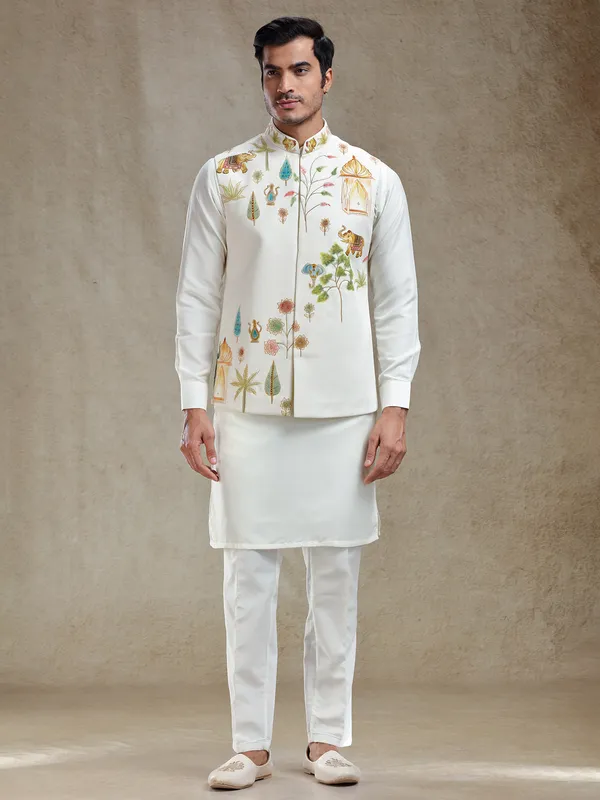 Off white ajrakh hand printed waistcoat set