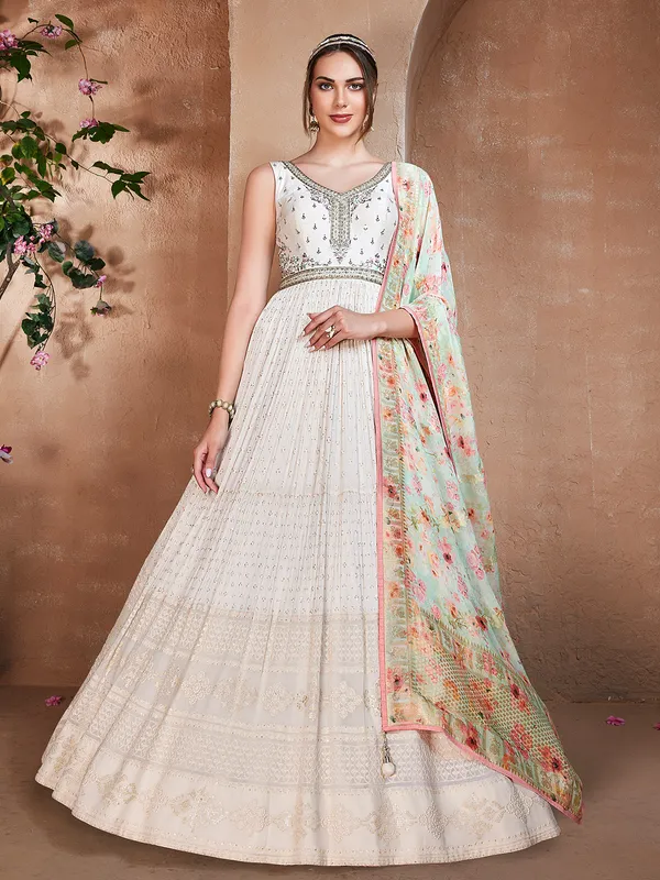 Off white anarkali suit with printed dupatta
