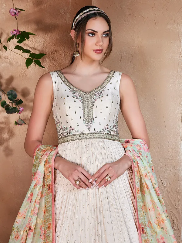 Off white anarkali suit with printed dupatta