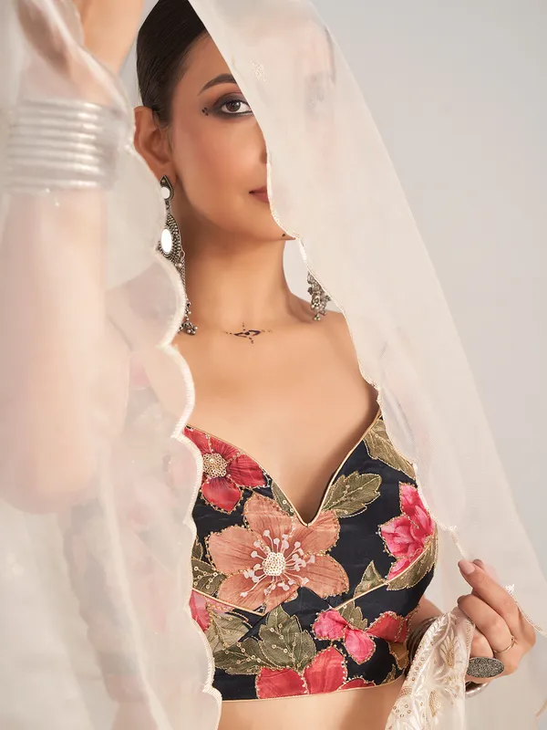 Off white and black chaniya choli with dupatta