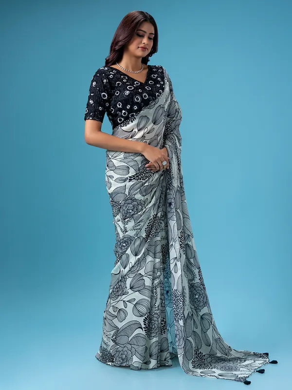 Off white and black printed chiffon saree