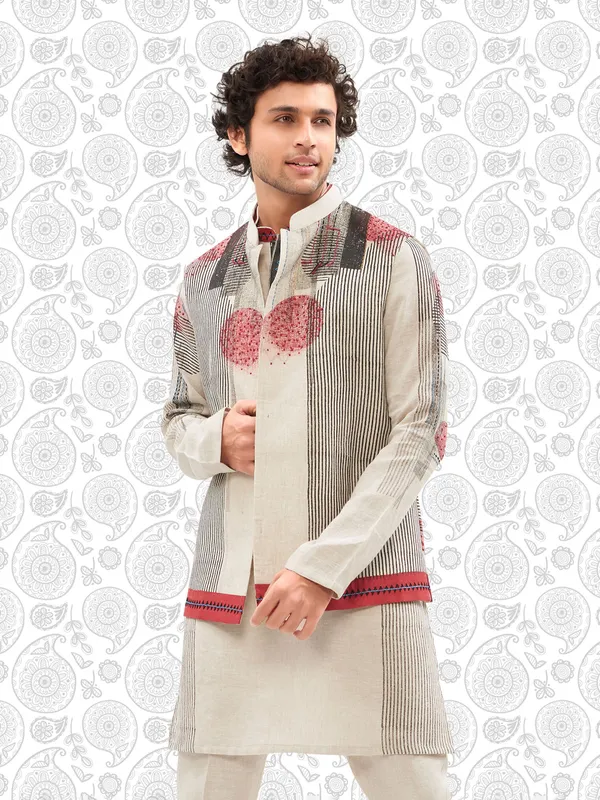 Off white and black printed cotton waistcoat set for men