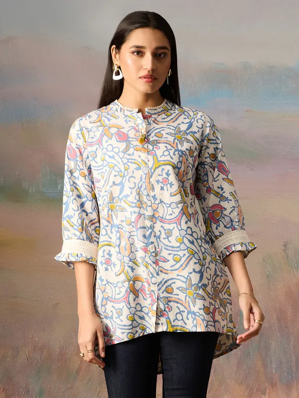 Off white and blue cotton printed tunic top