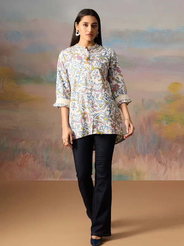 Off white and blue cotton printed tunic top