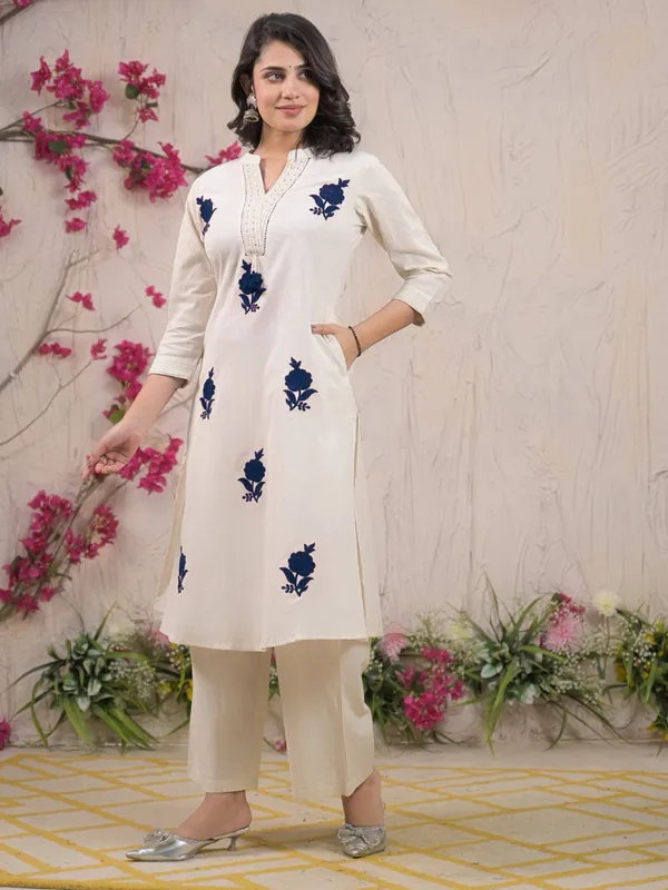 Off white and blue cotton silk kurti palazzo set