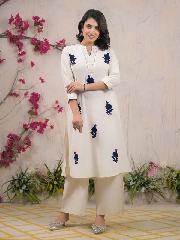 Off white and blue cotton silk kurti palazzo set