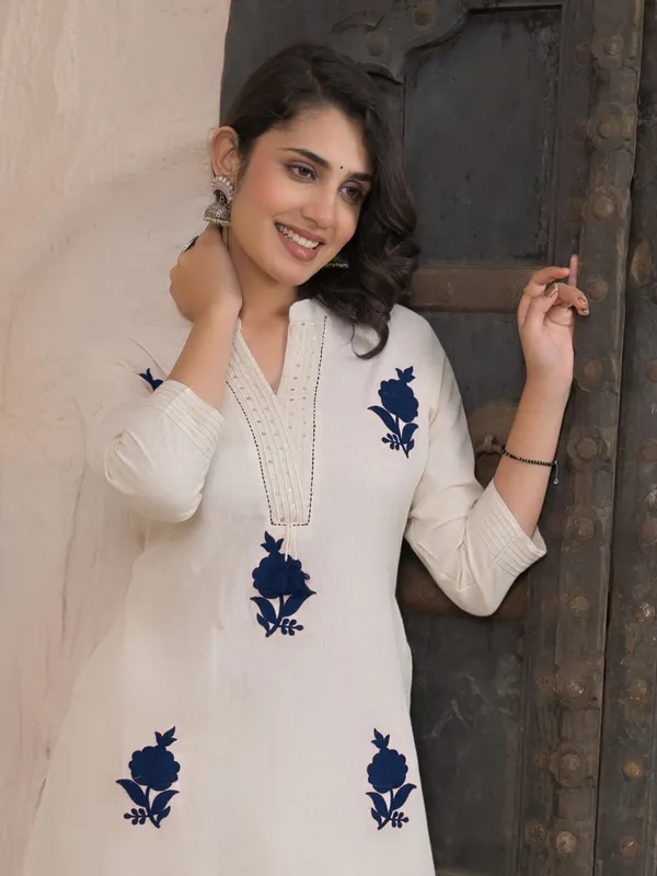 Off white and blue cotton silk kurti palazzo set