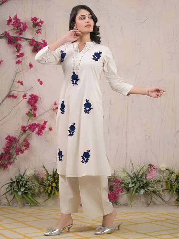 Off white and blue cotton silk kurti palazzo set