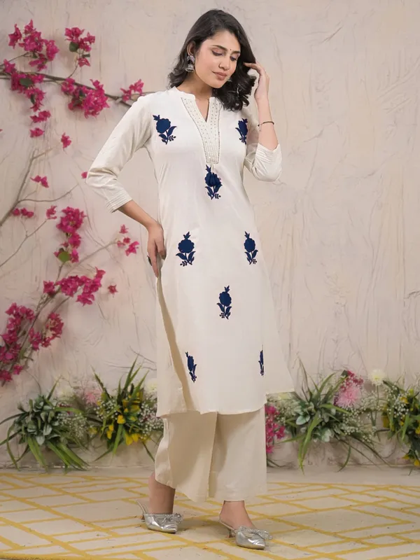 Off white and blue cotton silk kurti palazzo set