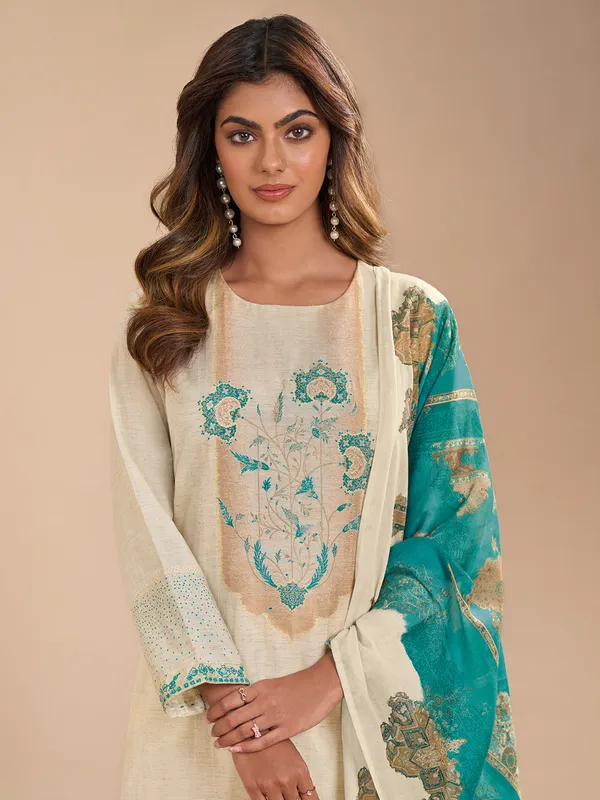 Off white and blue cotton silk salwar suit for festival