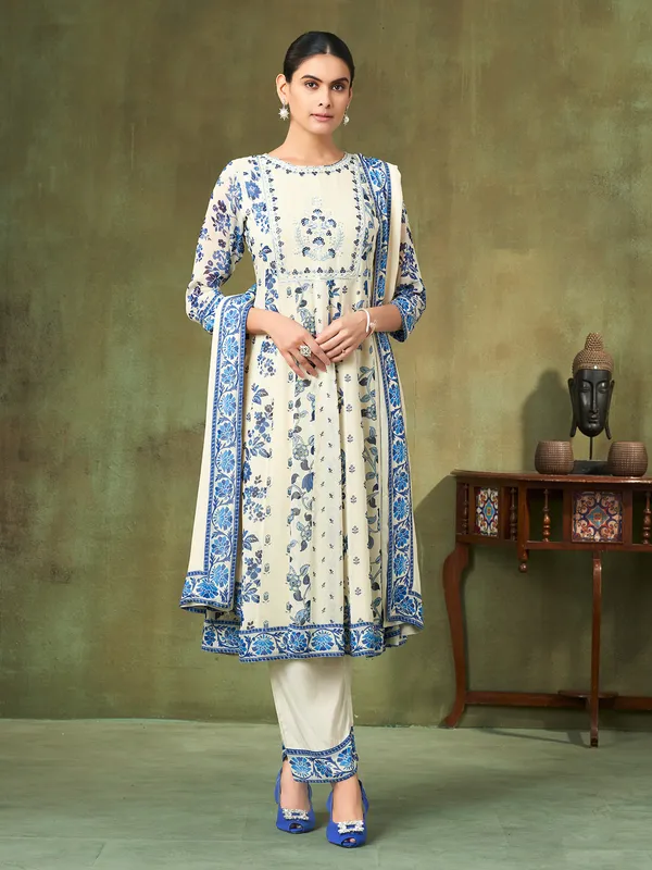 Off white and blue floral silk salwar suit with dupatta