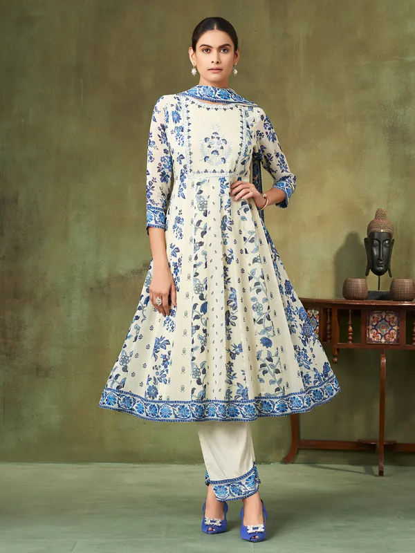 Off white and blue floral silk salwar suit with dupatta