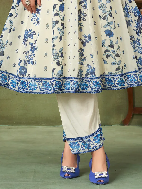 Off white and blue floral silk salwar suit with dupatta