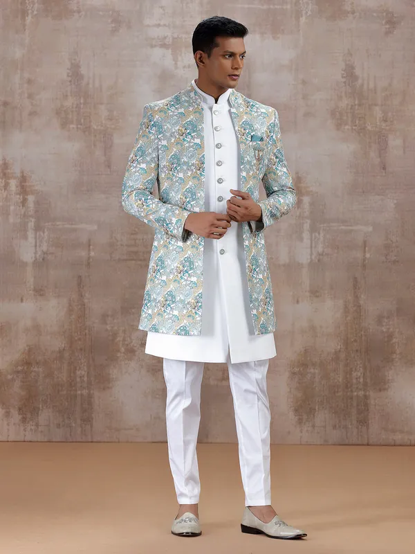 Off white and blue indo western with sequins work