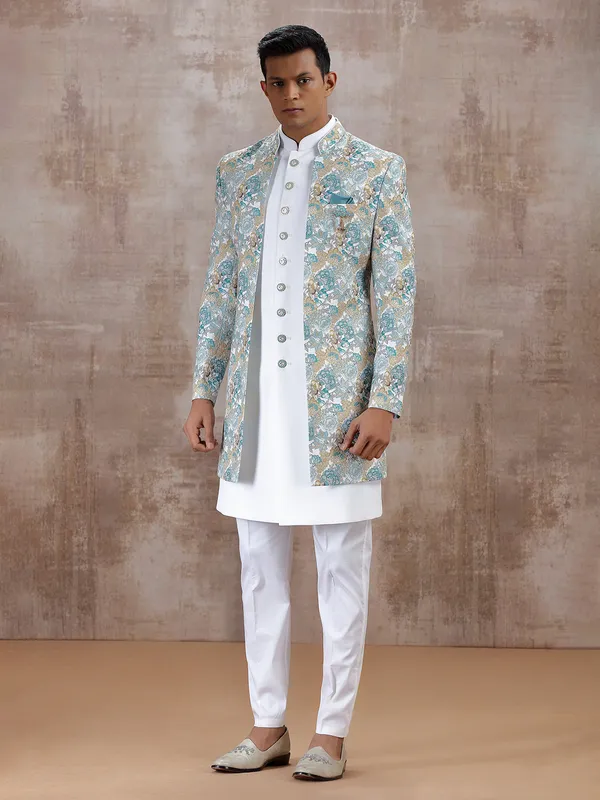 Off white and blue indo western with sequins work