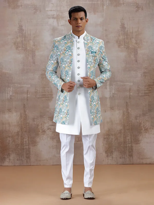 Off white and blue indo western with sequins work