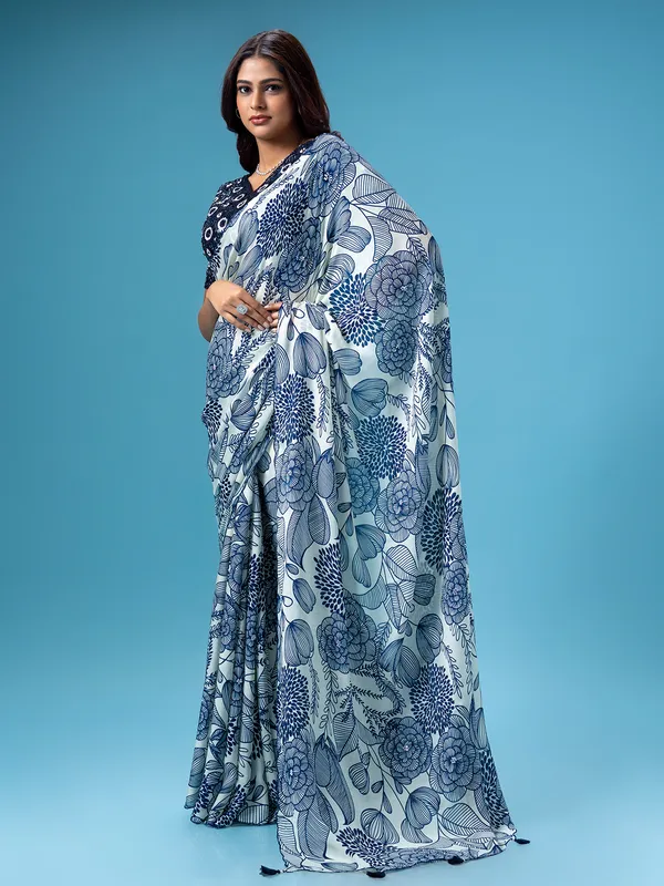 Off white and blue printed saree