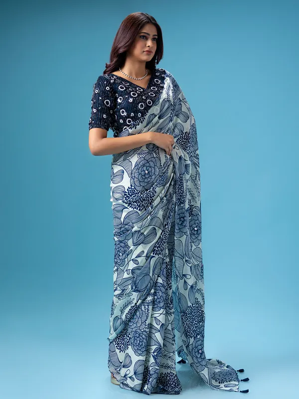 Off white and blue printed saree