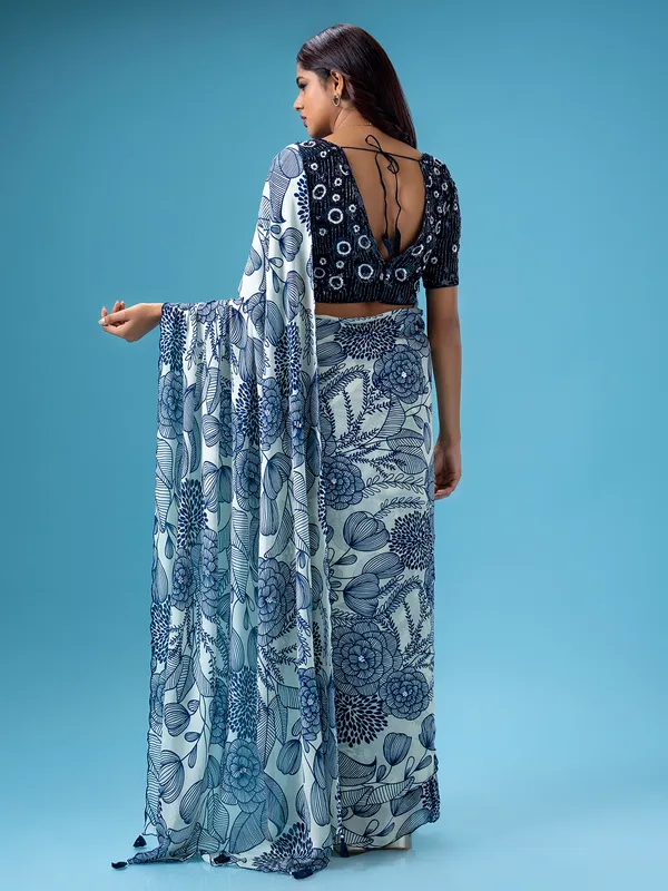 Off white and blue printed saree
