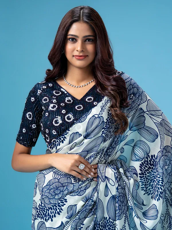 Off white and blue printed saree