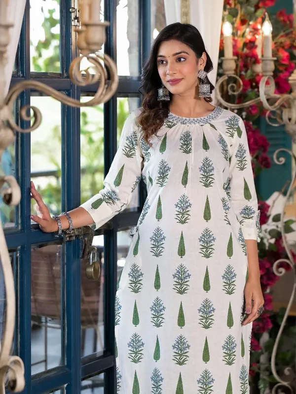 Off-white and green printed silk kurti set