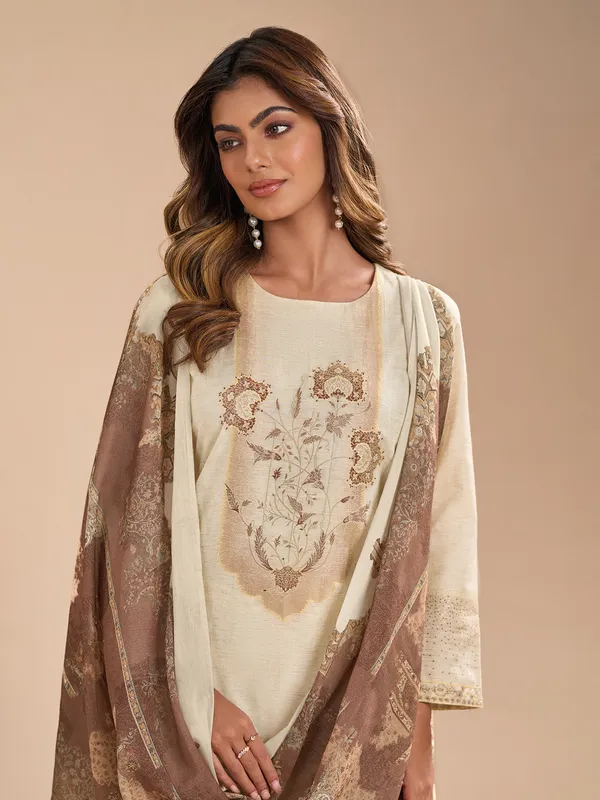 Off white and brown salwar suit in cotton silk