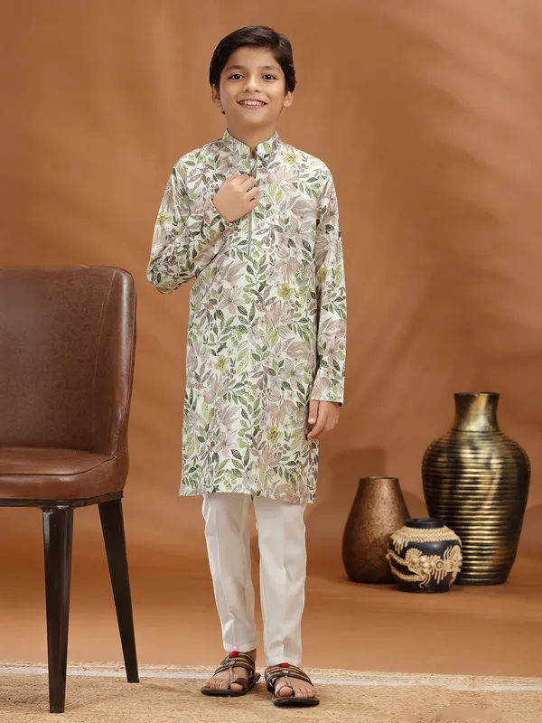 Off white and green cotton silk kurta suit