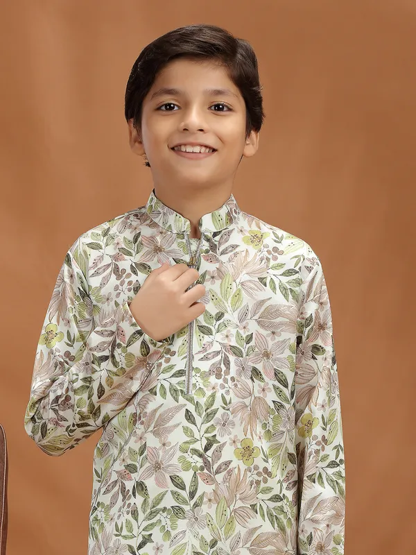 Off white and green cotton silk kurta suit