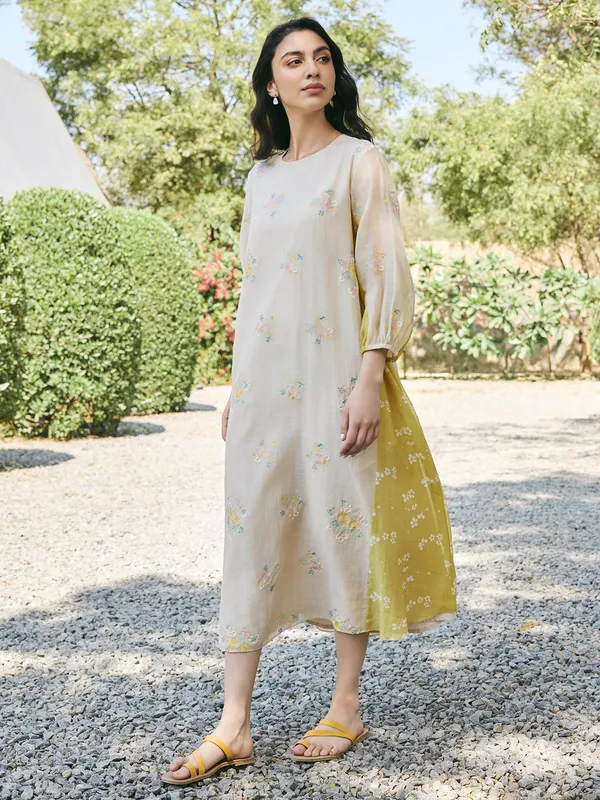 Off white and green printed kurti in muslin cotton