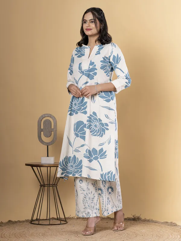 Off white and grey cotton silk printed kurti palazzo set