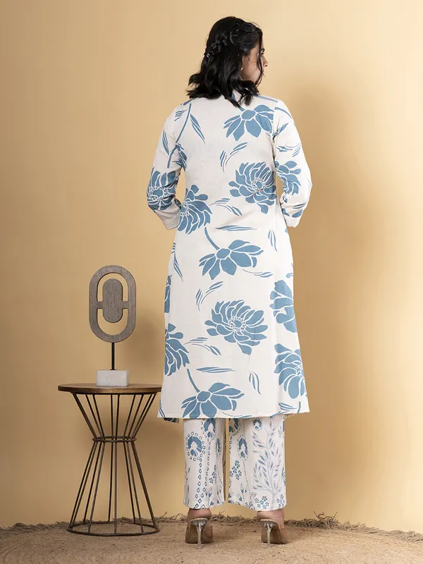 Off white and grey cotton silk printed kurti palazzo set