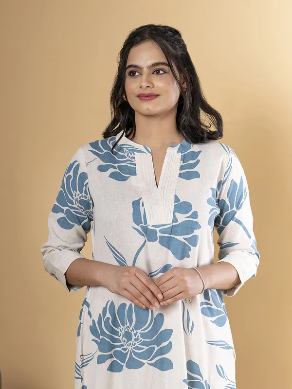 Off white and grey cotton silk printed kurti palazzo set